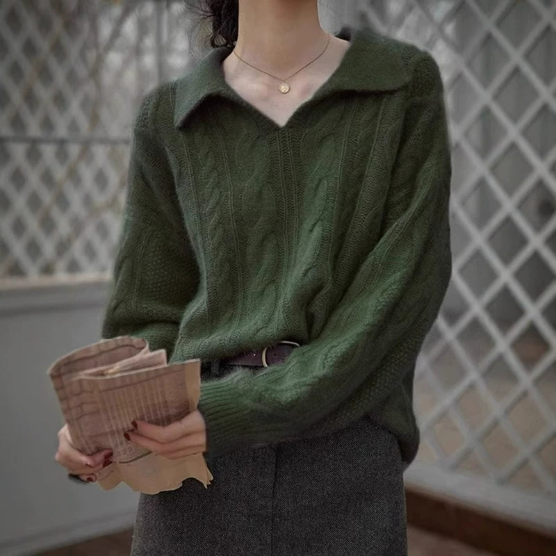 法式复古蓝色麻花翻领针织衫女秋冬慵懒风软糯毛衣高级感polo上衣