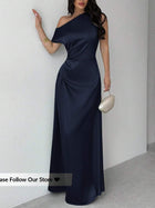 Women's One-Shoulder Satin Ruched Evening Dress - Dark Blue