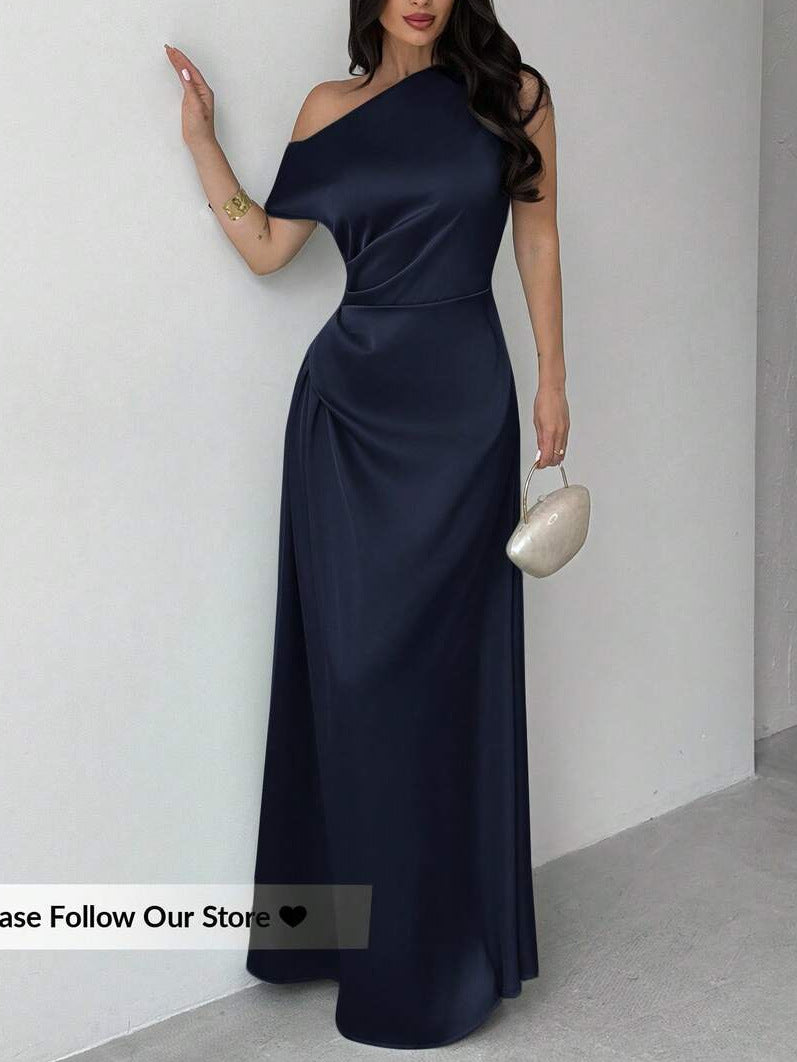 Women's One-Shoulder Satin Ruched Evening Dress - Dark Blue