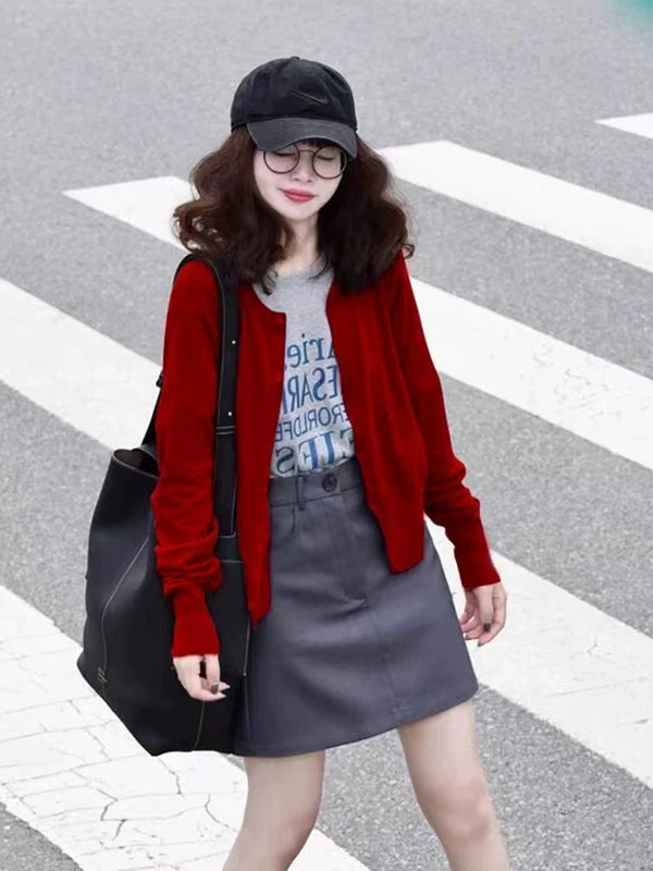 韩系红色圆领针织开衫女春秋2026新款高级感洋气毛衣外套气质上衣
