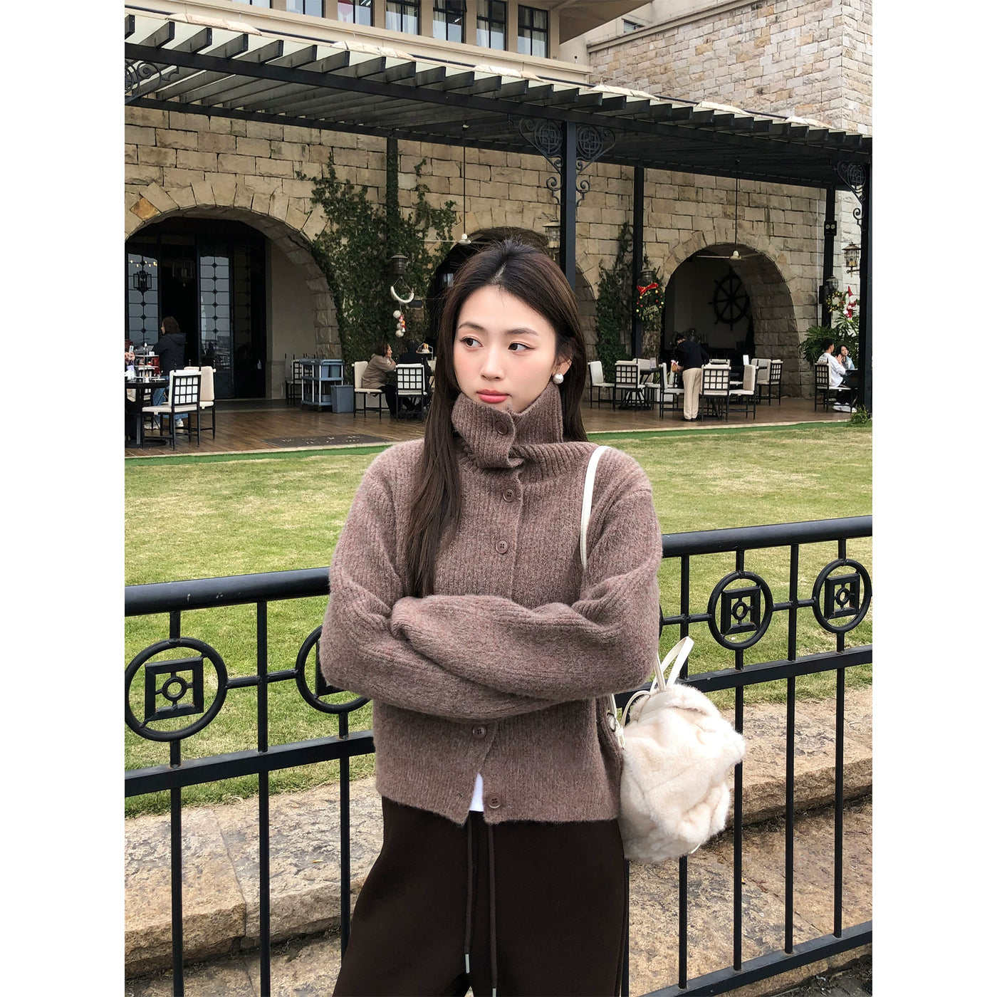 pusumede 季节实况 高领毛衣开衫女复古翻领宽松气质外套针织上衣