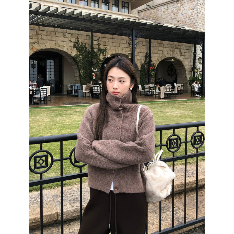 pusumede 季节实况 高领毛衣开衫女复古翻领宽松气质外套针织上衣