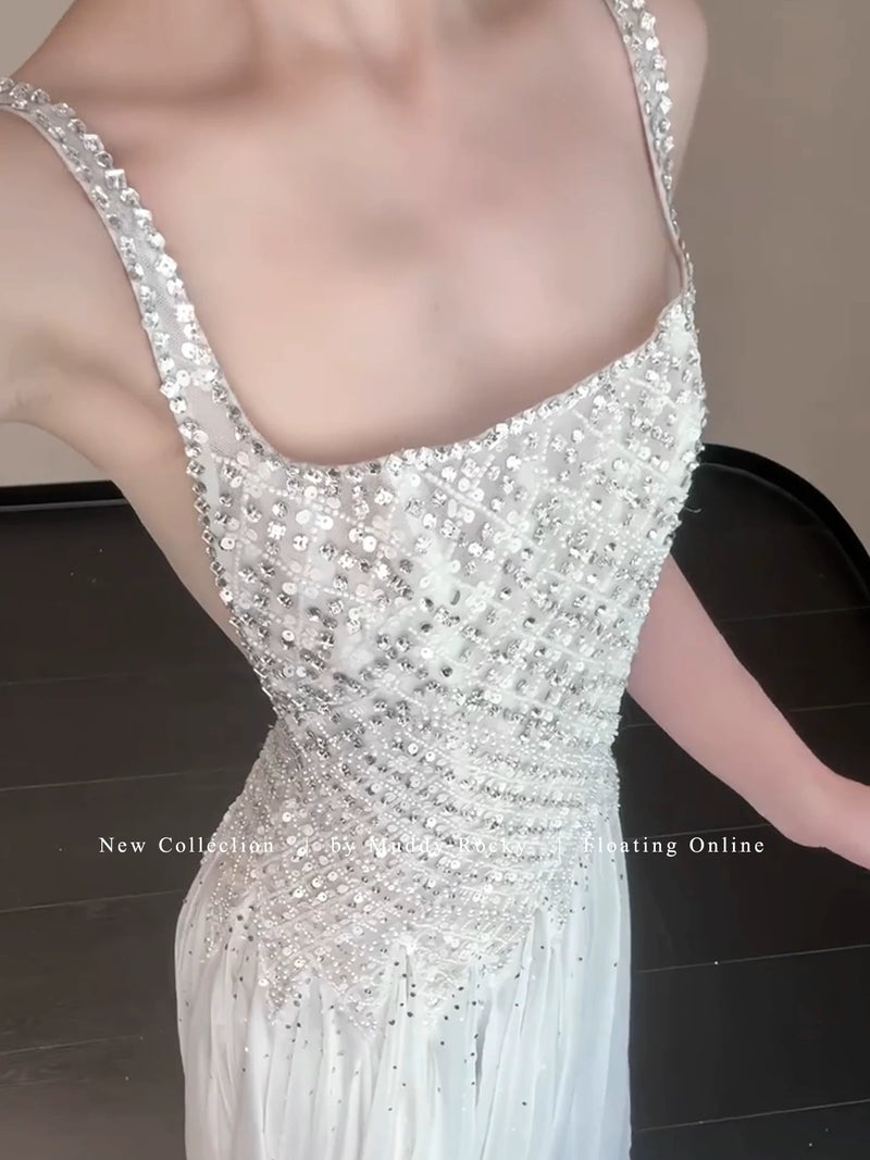 White Beaded Spaghetti-Strap Maxi Evening Dress — fitted embellished bodice