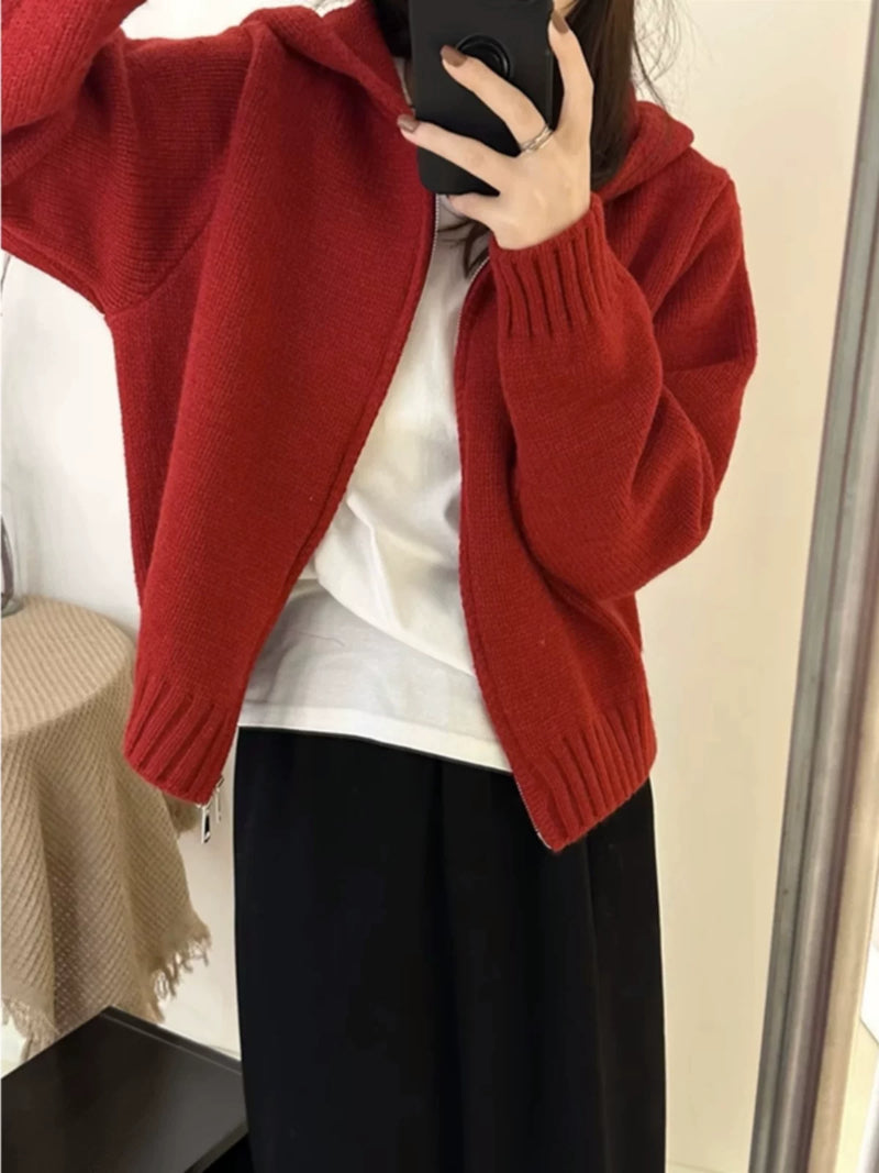 小清新绿色连帽卫衣针织开衫女士秋冬新款宽松外穿软糯毛衣外套潮