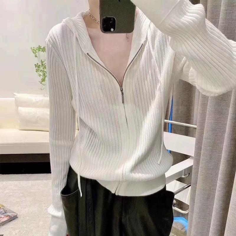 蓝色拉链毛衣外套女秋冬新款超好看针织开衫连帽卫衣内搭打底上衣