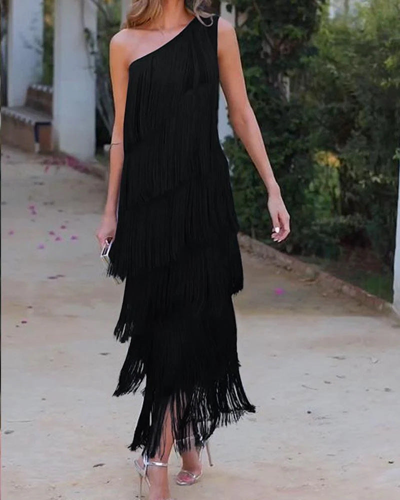 Women's One-Shoulder Fringe Evening Dress