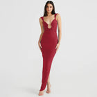 Women's V-Neck Evening Dress with Open Back - Red