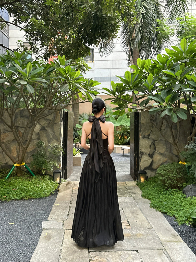 Scarf-Neck Pleated Satin Maxi Dress - detail or back view