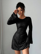 Women's Long-Sleeve Sequin V-Neck Mini Cocktail Dress - Black