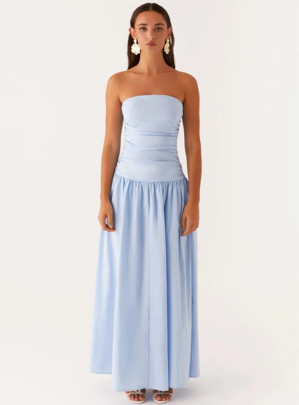 Strapless Ruched Maxi Evening Dress - Blue