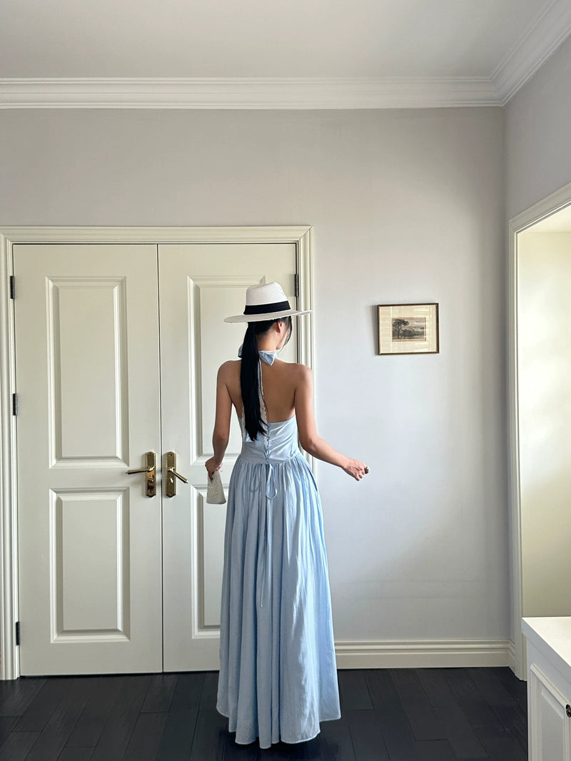Light Blue Lace Trim Halter Drop Waist Maxi Dress - detail or back view