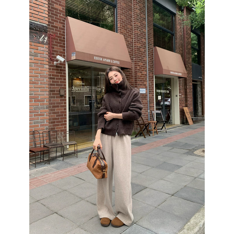 pusumede 季节实况 高领毛衣开衫女复古翻领宽松气质外套针织上衣