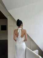 White Keyhole Halter Ruched Satin Maxi Dress - detail or back view