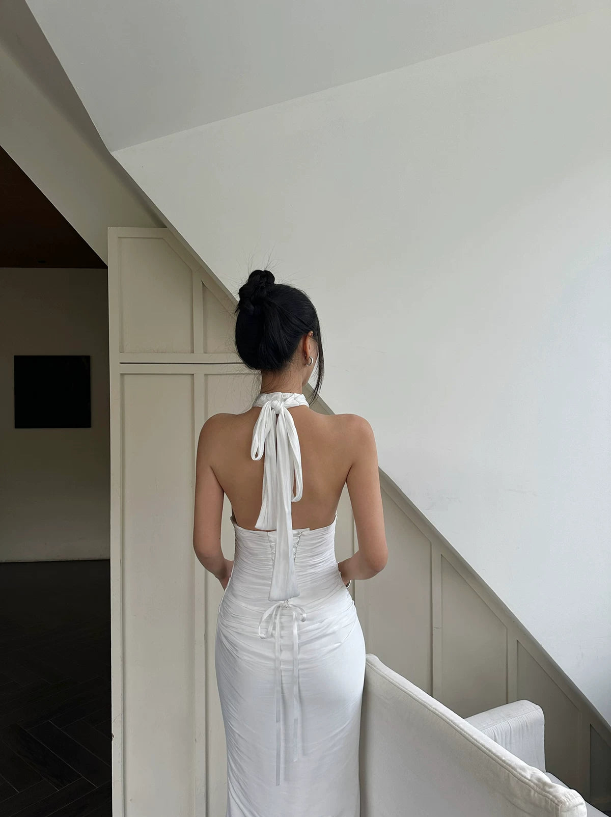 White Keyhole Halter Ruched Satin Maxi Dress - detail or back view