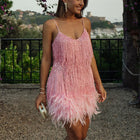 Women's V-Neck Sequin Feather-Trim Evening Dress - Pink