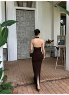 Chocolate Brown Ruched Halter Open Back Maxi Dress - detail or back view