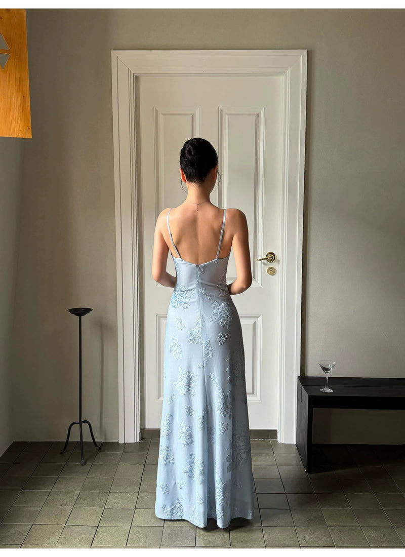 Blue Floral Jacquard Embellished Neckline Maxi Dress - detail or back view
