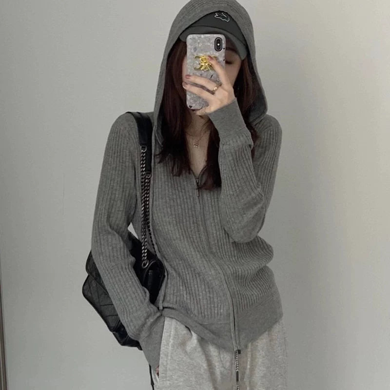 蓝色拉链毛衣外套女秋冬新款超好看针织开衫连帽卫衣内搭打底上衣