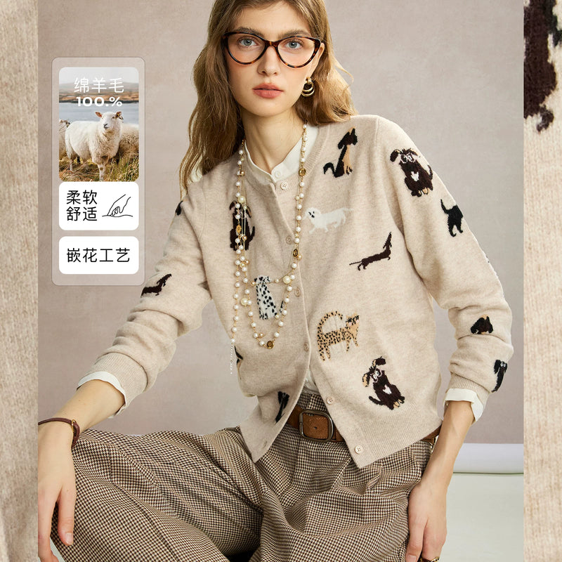 南瓜谷小狗环游记100.%绵羊毛针织开衫外套女春秋季新款圆领上衣