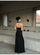 Black Sheer Mesh Twist Waist Halter Maxi Dress - detail or back view