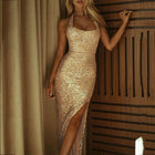 Women's Halter Sequin Evening Dress with Slit - Gold