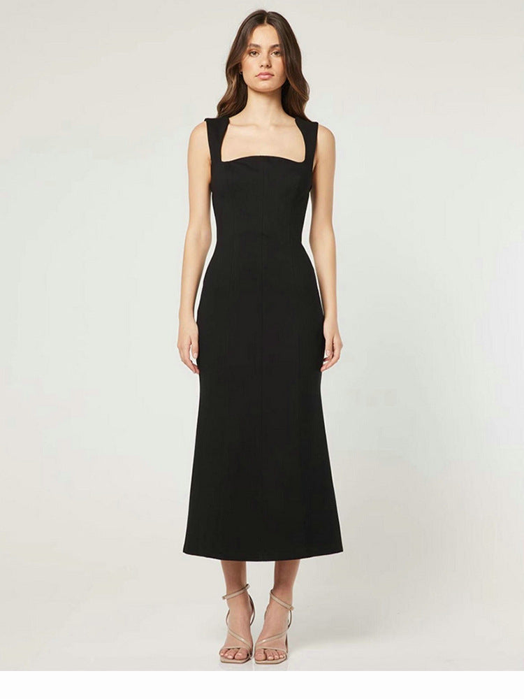 Black Square-Neck A-Line Midi Dress