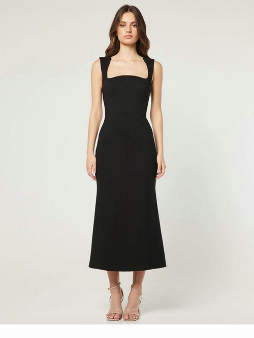 Black Square-Neck A-Line Midi Dress