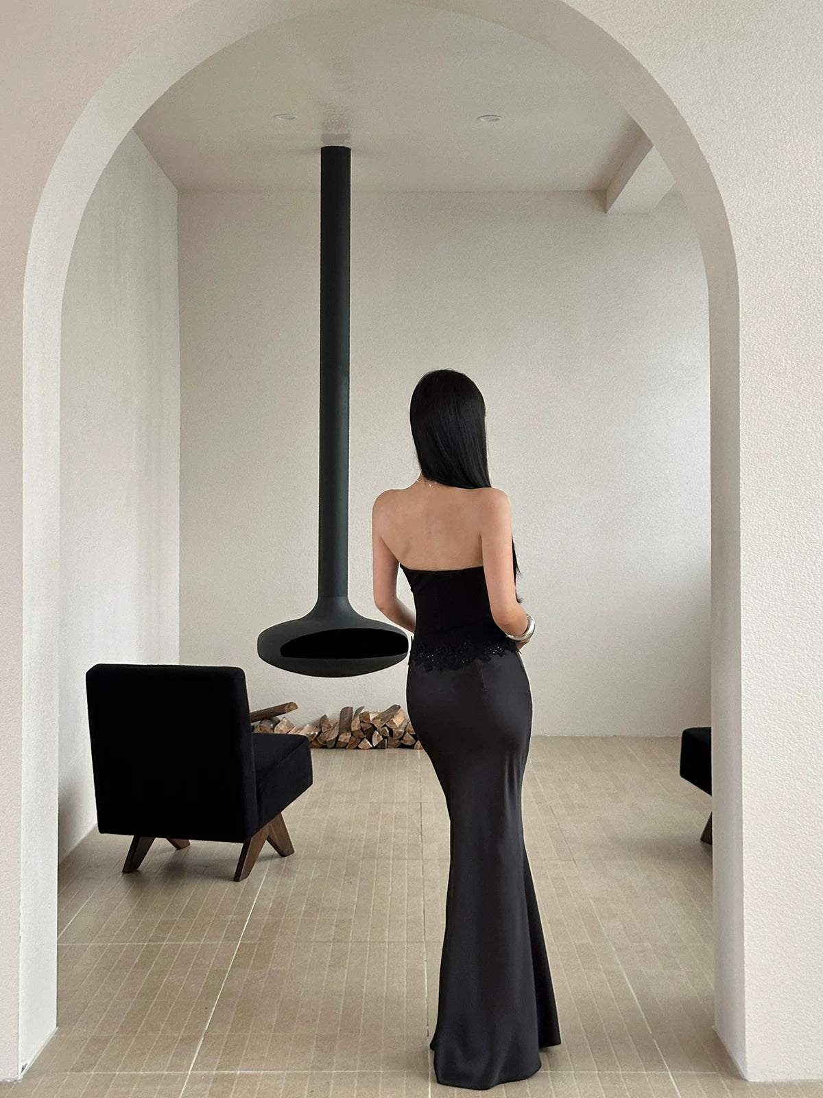Black Lace Trim Strapless Mermaid Maxi Dress - detail or back view