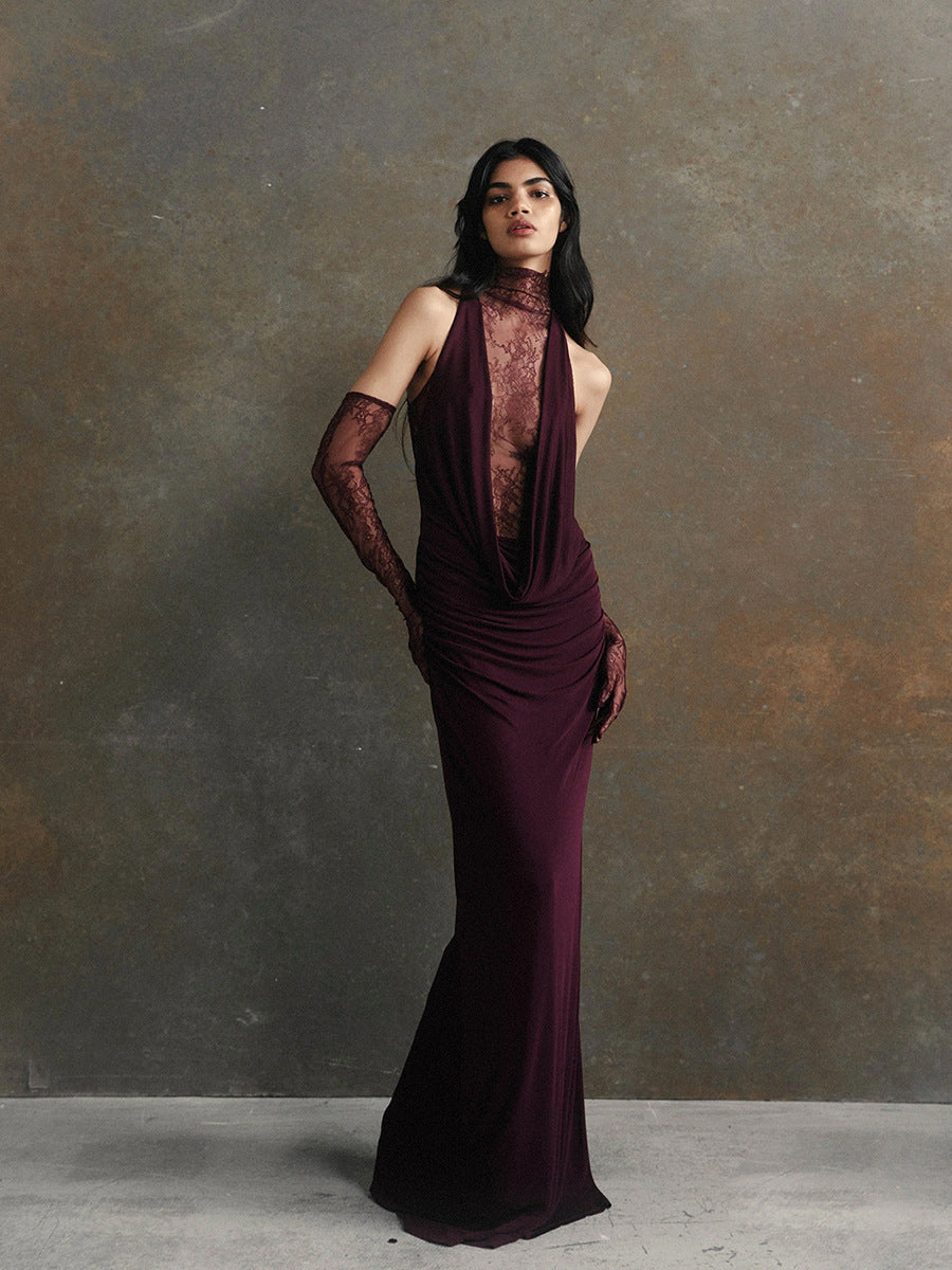 Women's Deep-V Halter Lace-Panel Maxi Evening Dress