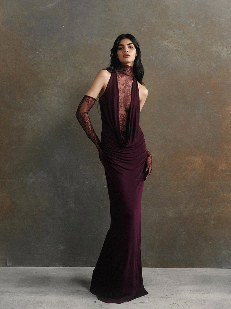 Women's Deep-V Halter Lace-Panel Maxi Evening Dress