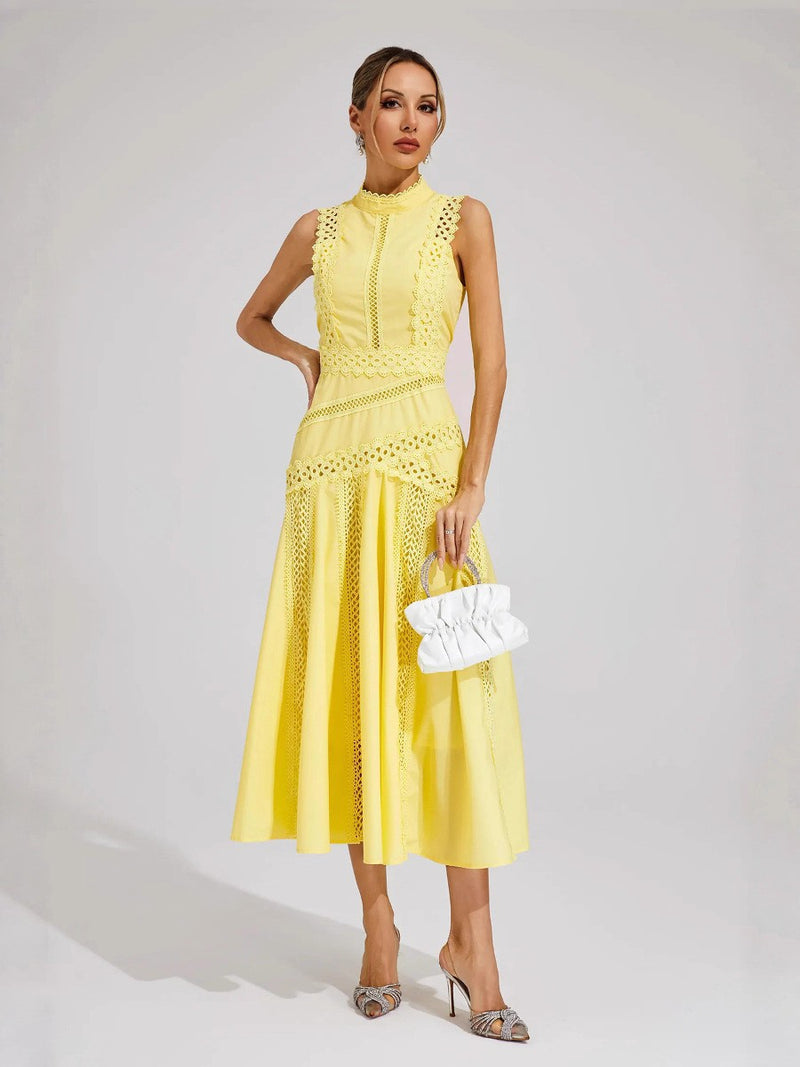 Sleeveless Lace Maxi Evening Dress - Yellow