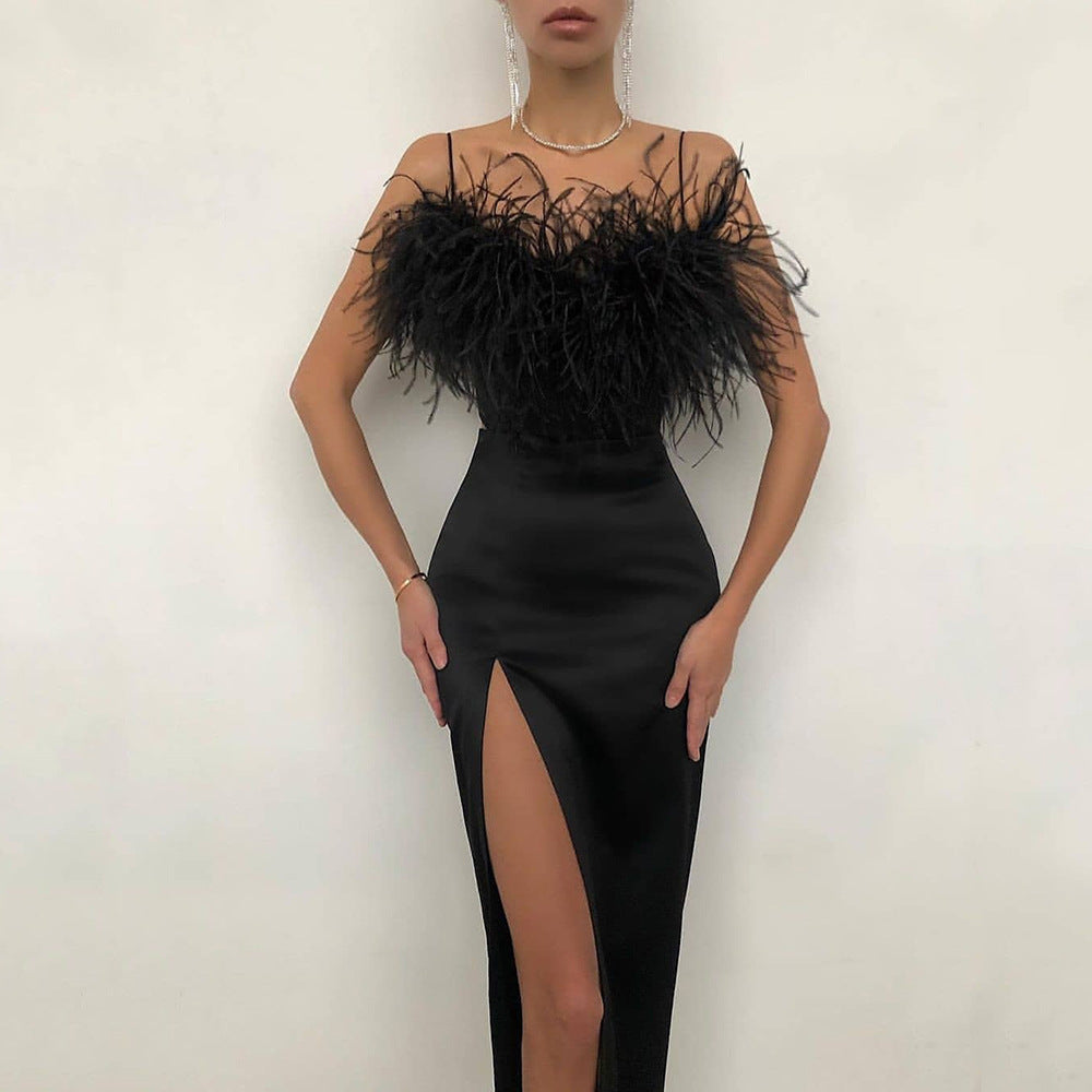 Women's Spaghetti-Strap Feather-Trim Evening Dress