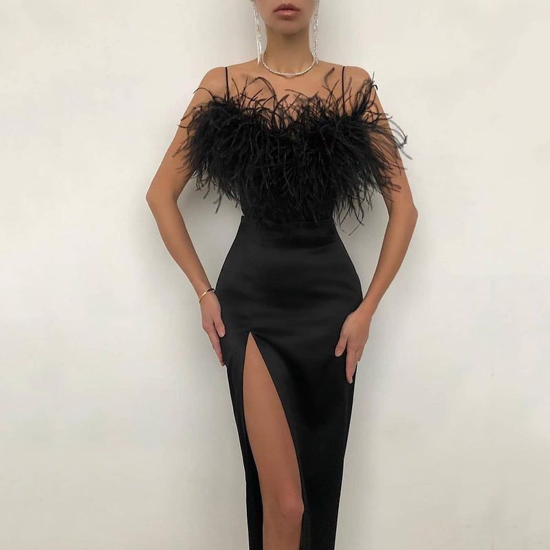Women's Spaghetti-Strap Feather-Trim Evening Dress