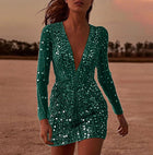 Deep V-Neck Sequin Long-Sleeve Party Dress - Green