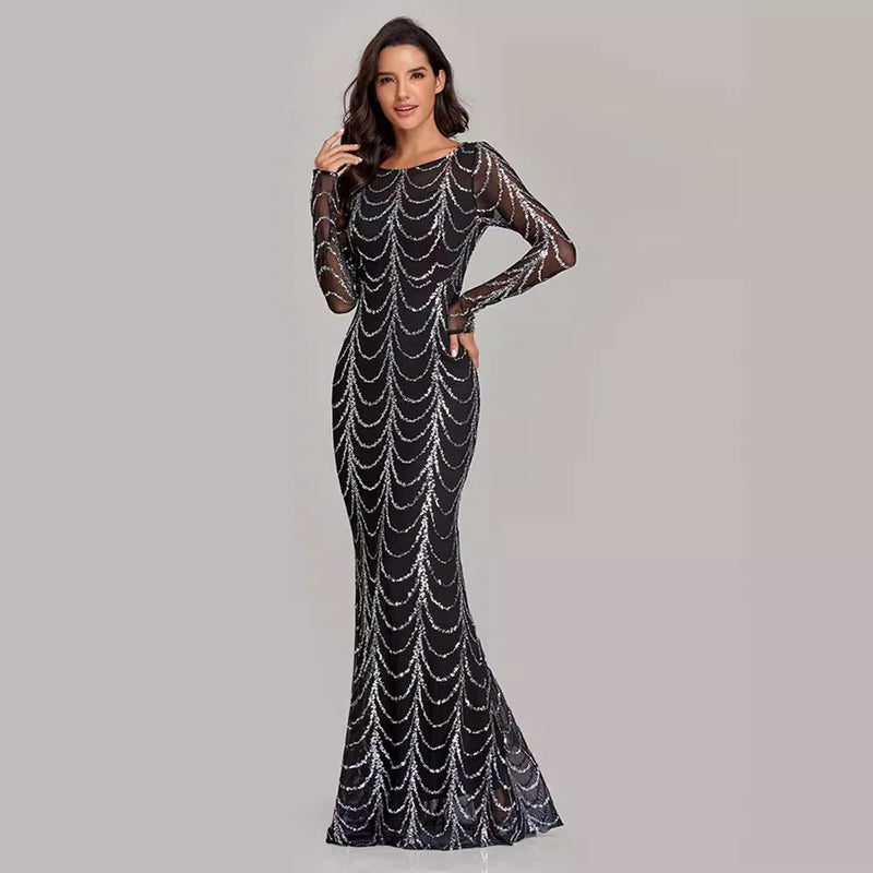 Women's Round-Neck Long-Sleeve Sequin Mermaid Evening Dress