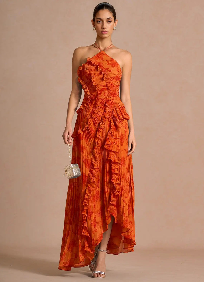 Women's Floral Ruched V-Neck Maxi Evening Dress - Orange Floral