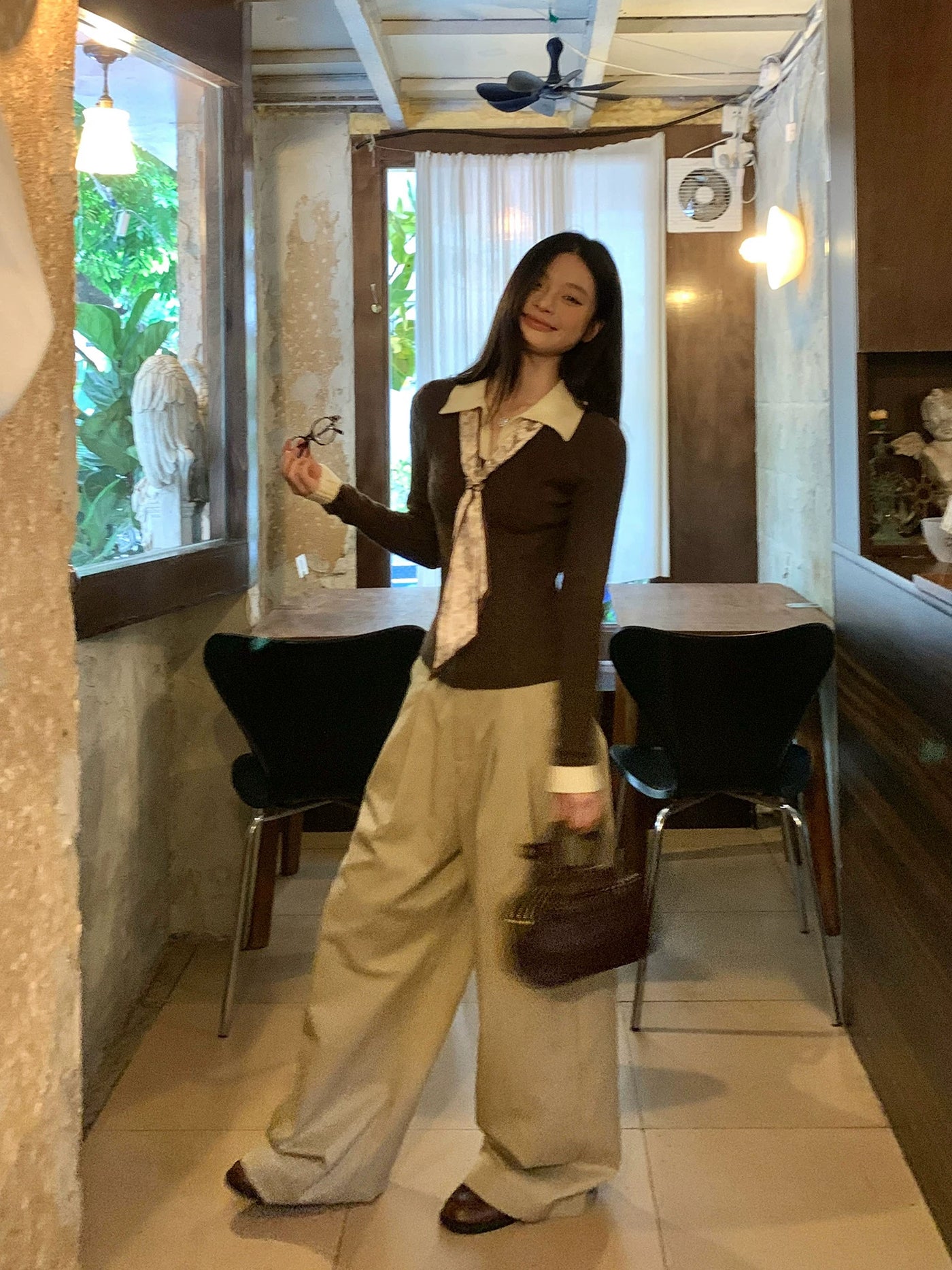 宋正恩咖色Polo领假两件针织衫女毛衣秋季内搭修身短款长袖小上衣
