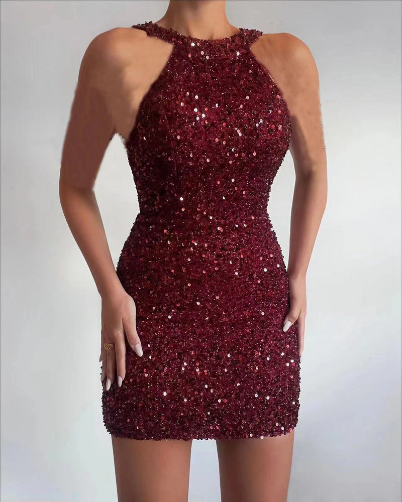 Women's Sequin Fringe Cold-Shoulder Mini Dress - Burgundy without Chain