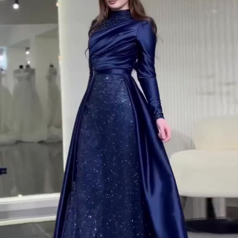 Women's Sleeveless Lace-Panel Maxi Evening Dress - Dark Blue