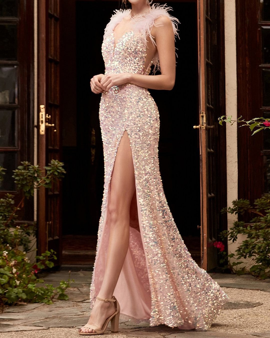 Women's Pink Feather-Trim Sequin Evening Gown