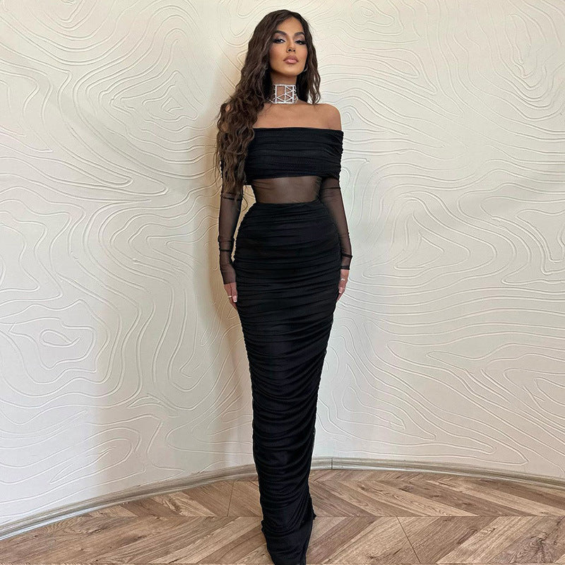 Women's Long-Sleeve Mesh Ruched Maxi Evening Dress