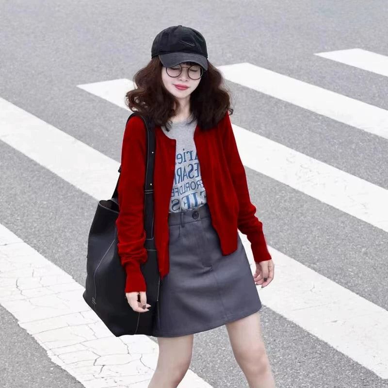 韩系红色圆领针织开衫女春秋2026新款高级感洋气毛衣外套气质上衣