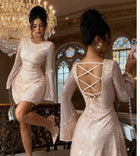 Women's Long-Sleeve Sequin V-Neck Mini Cocktail Dress - Champagne