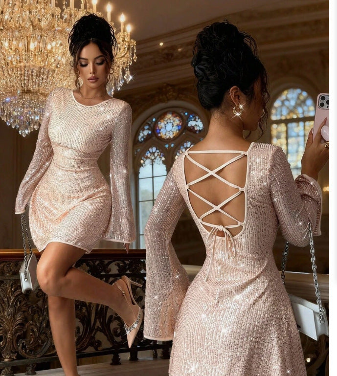 Women's Long-Sleeve Sequin V-Neck Mini Cocktail Dress - Champagne