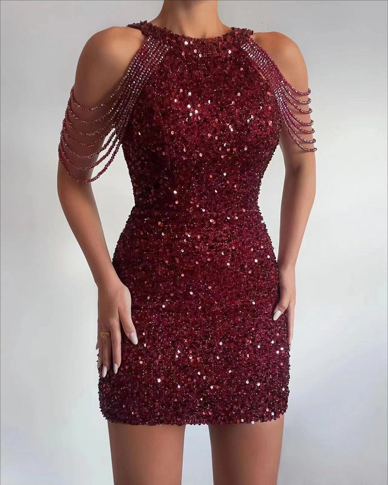 Women's Halter Sequin Fringe Bodycon Evening Dress - Burgundy