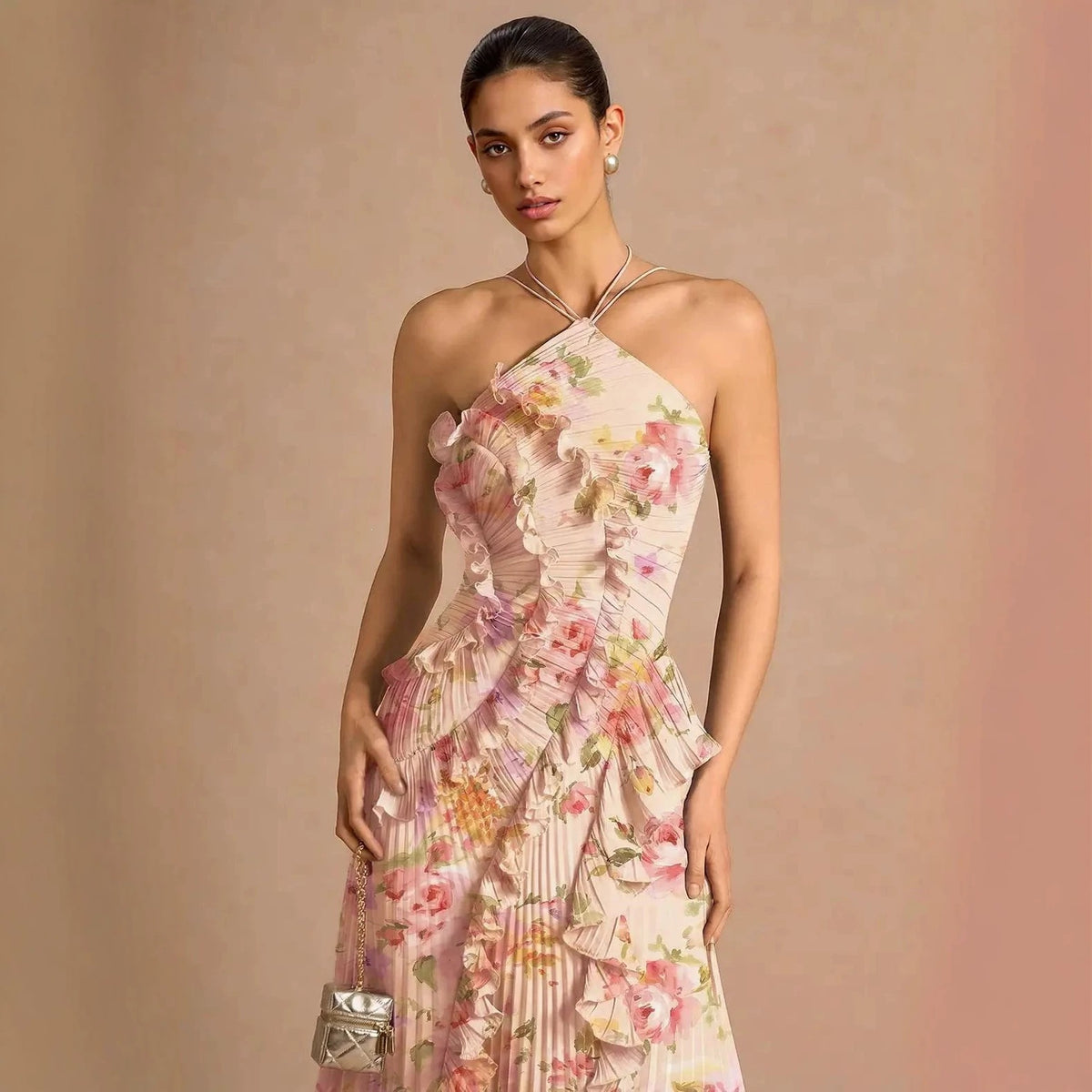 Women's Floral Ruched V-Neck Maxi Evening Dress