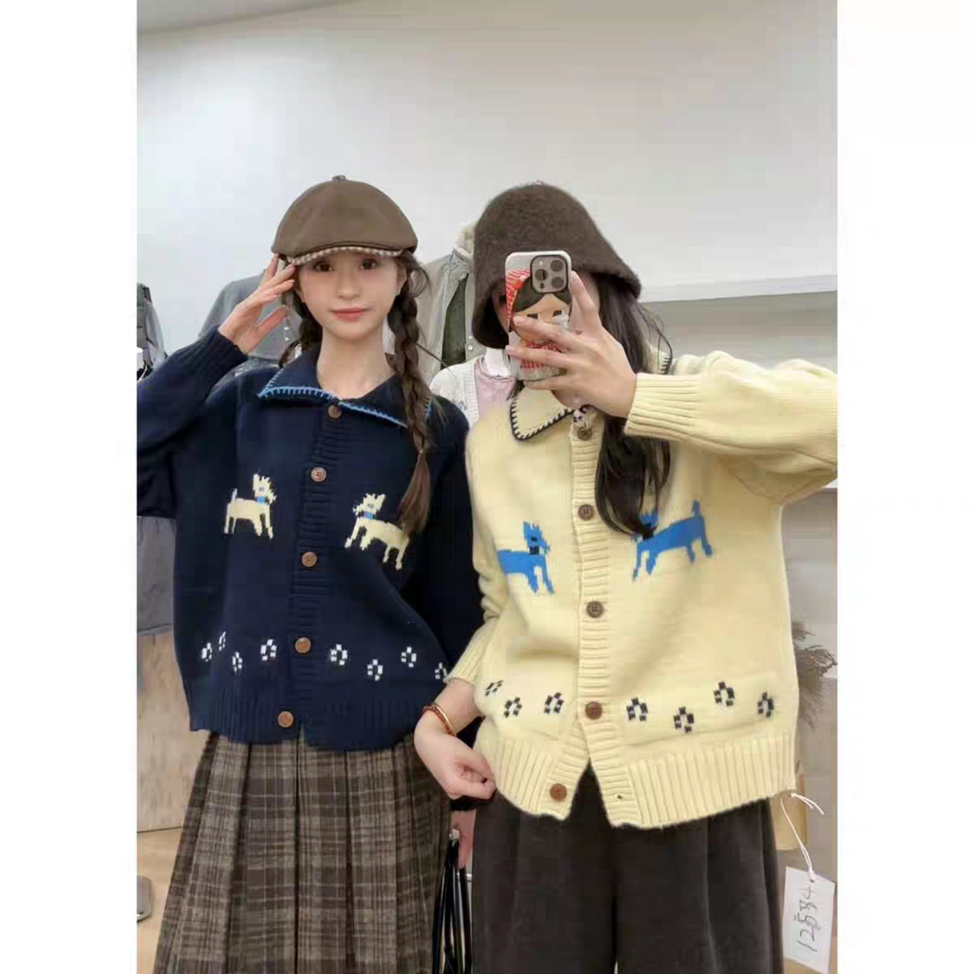 复古费尔岛小狗提花毛衣外套女秋冬季加厚宽松慵懒风翻领针织开衫