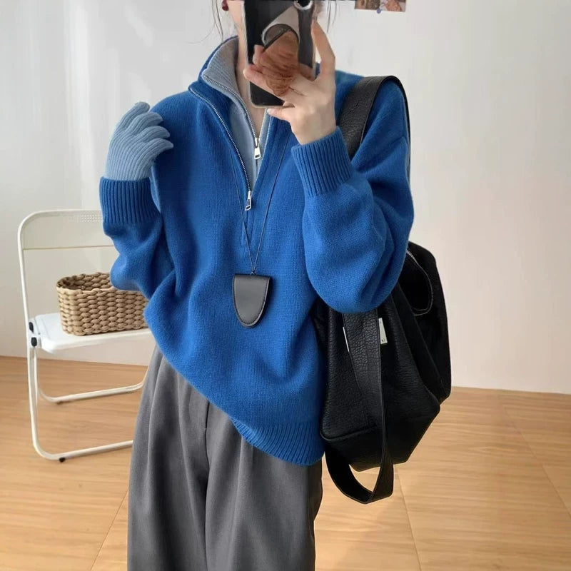 克莱因蓝色假两件半拉链立领毛衣女秋冬设计感独特别致针织衫上衣