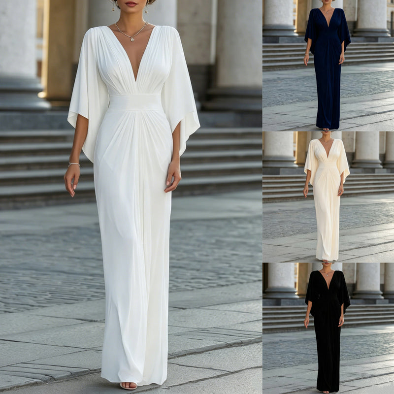 Women's V-Neck Batwing-Sleeve Ruched Maxi Evening Dress