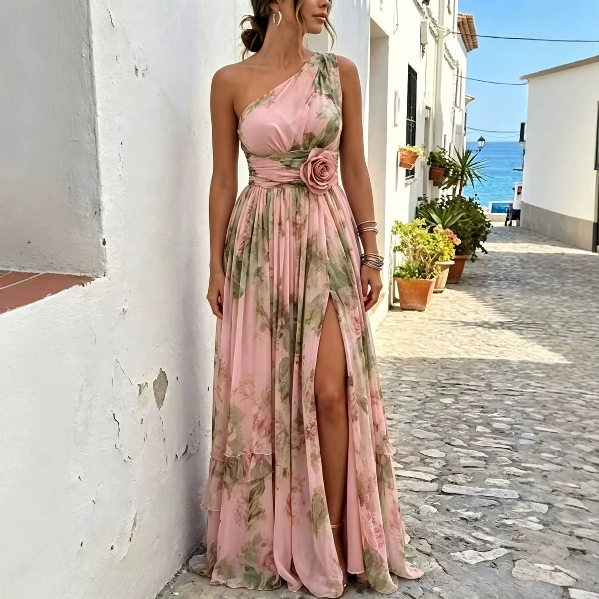 Floral Chiffon High-Waist Maxi Dress